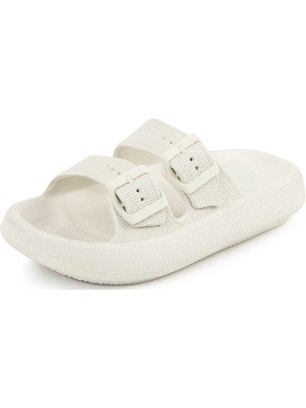 Women's Beige Adjustable Width Pillow Design Double Buckle Flat Slides Slippers